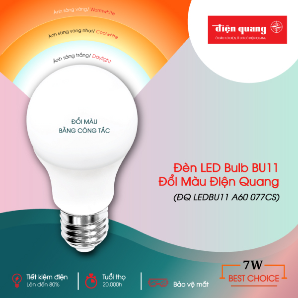 Đèn LED bulb BU11 đổi màu Điện Quang ĐQ LEDBU11A60 077CS (7W, đổi màu bằng công tắc)