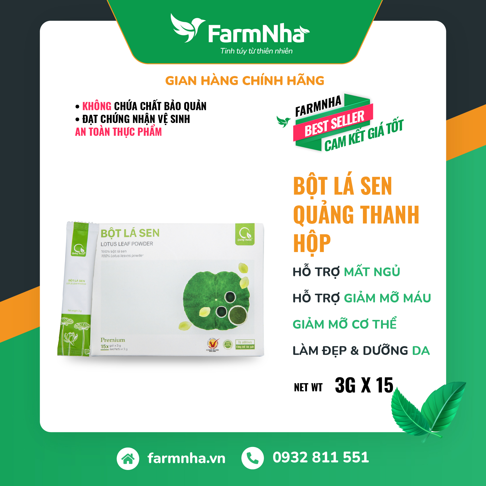 Bột lá sen Quảng Thanh 100% Organic chuẩn xuất khẩu FDA Hoa Kì - Hạ Mỡ Máu, Giảm Cân, Giảm mỡ, An Thần, Giảm stress