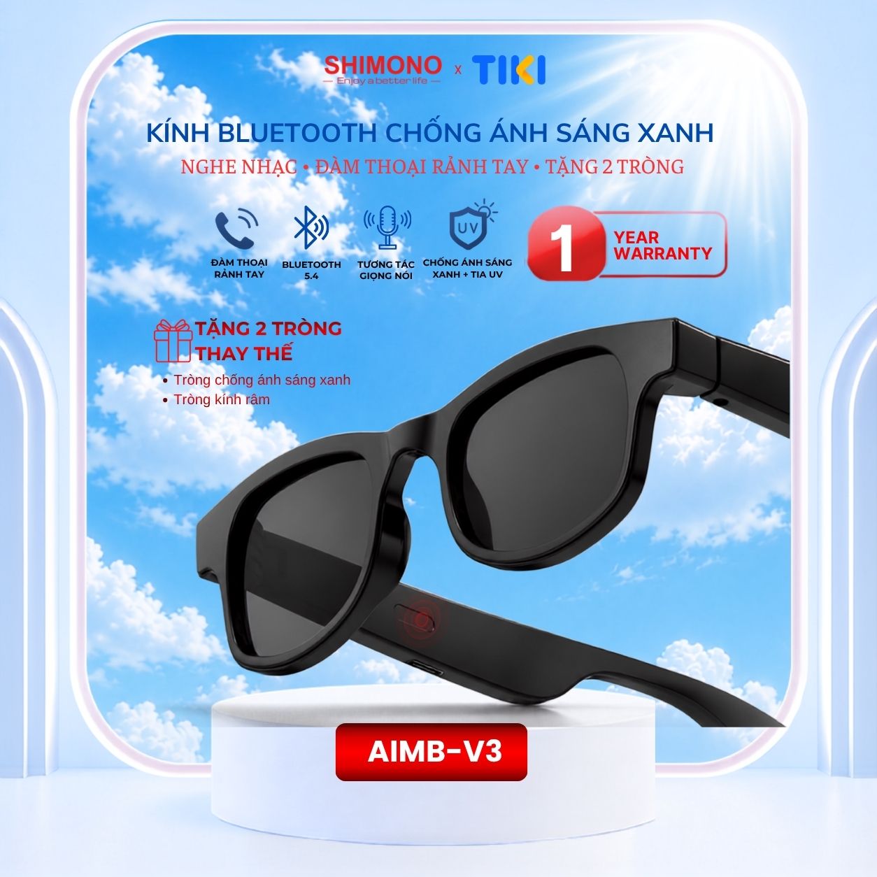 Kính Bluetooth SHIMONO AIMB V3 Nghe Nhạc Open Ear, Đàm Thoại Rảnh Tay, Chụp Ảnh Từ Xa, 2 Tròng Thay Hàng Chính Hãng