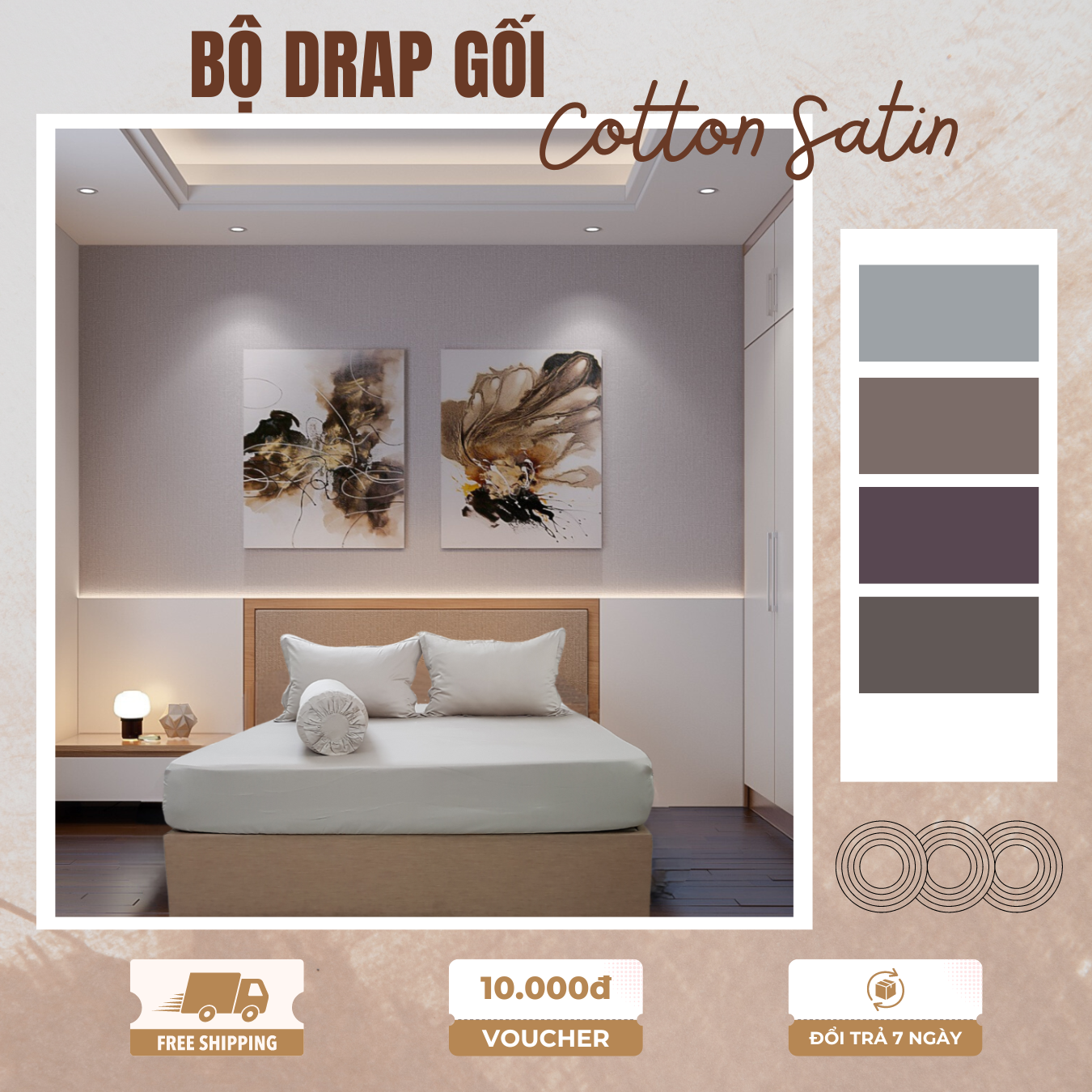 Bộ Ga Gối Giường 1m6x2m Cotton Satin 4 món Nhiều Màu bo chun Cao Cấp MYM Mềm Mịn Thoáng Mát