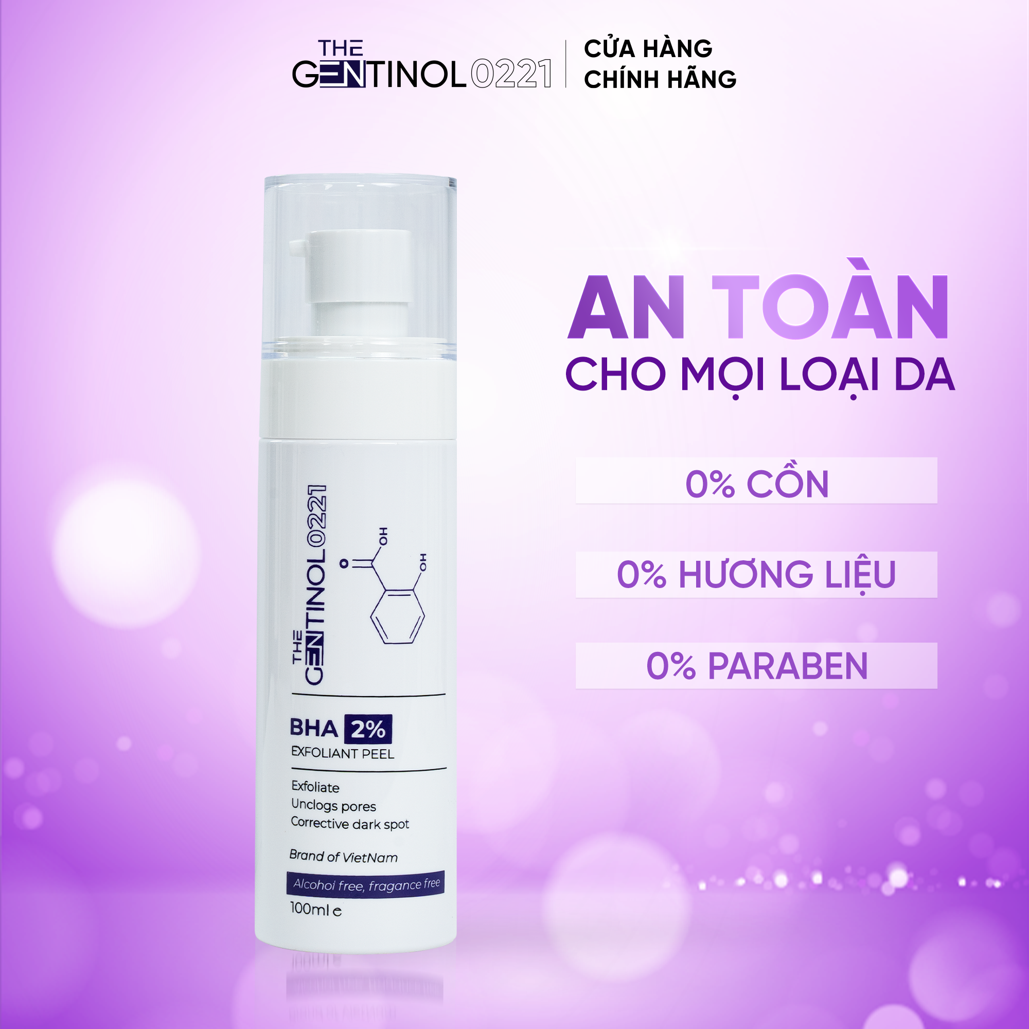 Dung dịch tẩy tế bào chết BHA 2% hỗ trợ dưỡng da trắng hồng, mờ vết nhăn The Gentinol 0221 100ml