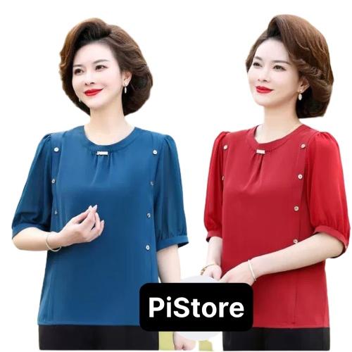 ️Có Big Size️ Áo Kiểu Trung Niên U40+ , Mẫu Áo Trẻ Trung Cho Mẹ, Lụa Mango Cổ Tròn Tay Lỡ Đính Nút Trang Nhã