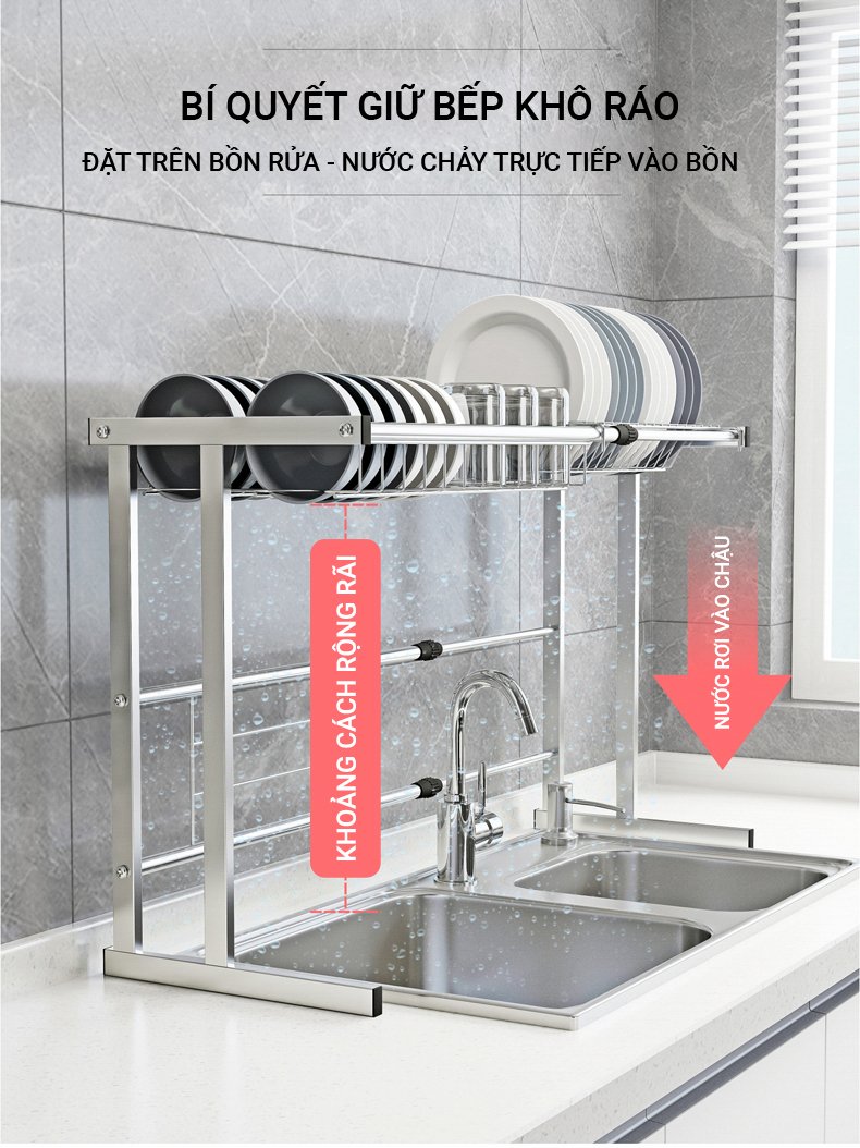 Kệ Chén Bát Đa Năng GIHOME Inox 304, Giá Bát Trên Bồn Rửa Ráo Nước Kèm Móc Treo Di Động Cho Nhà Bếp Sạch Sẽ Cao 52cm