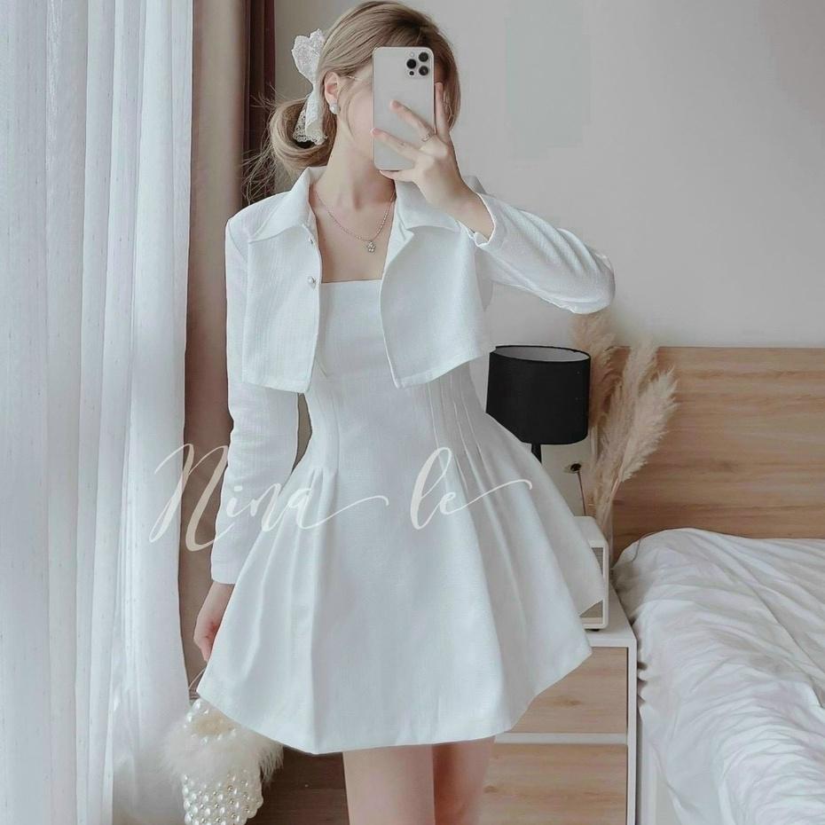 Đầm nữ dự tiệc dạo phố,set váy 2 dây dáng xòe kết hợp áo khoác ngoài trắng xinh xắn sang chảnh thời trang