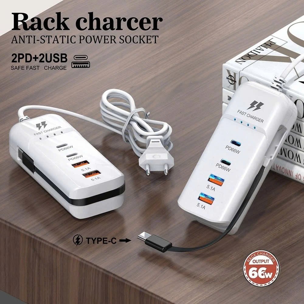 Ổ cắm sạc nhanh điện thoại 4 cổng đa năng 2PD+2USB Type-c kèm dây sạc 66w - Hàng chính hãng