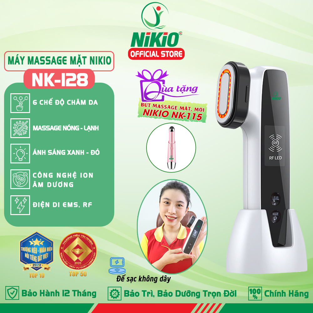 Máy Massage Mặt Và Nâng Cơ Mặt Nikio NK-128 - Công Nghệ Điện Di RF và EMS, Photon Xanh và Đỏ Chườm Nóng Và Lạnh - Hỗ Trợ Đẩy Tinh Chất, Giảm Nếp Nhăn, Tăng Sinh Collagen, Trẻ Hóa Da