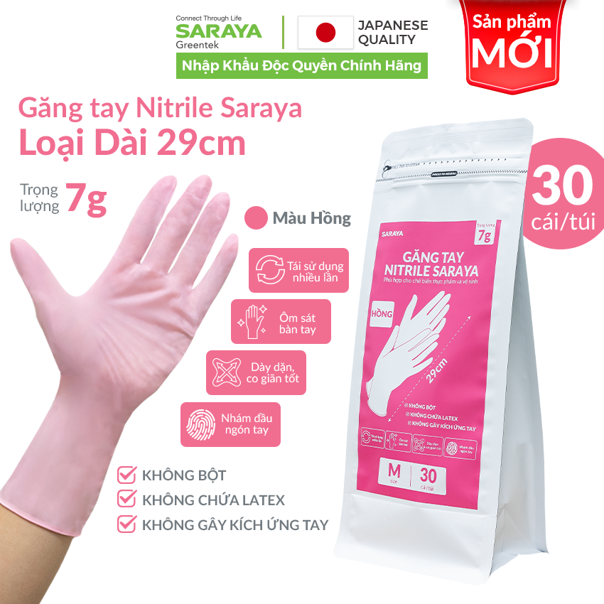 Găng tay cao su Saraya Loại Dài 29cm, phù hợp cho chế biến thực phẩm, vệ sinh rửa chén-30 Cái/Túi (Màu Hồng &amp; Màu Trắng)