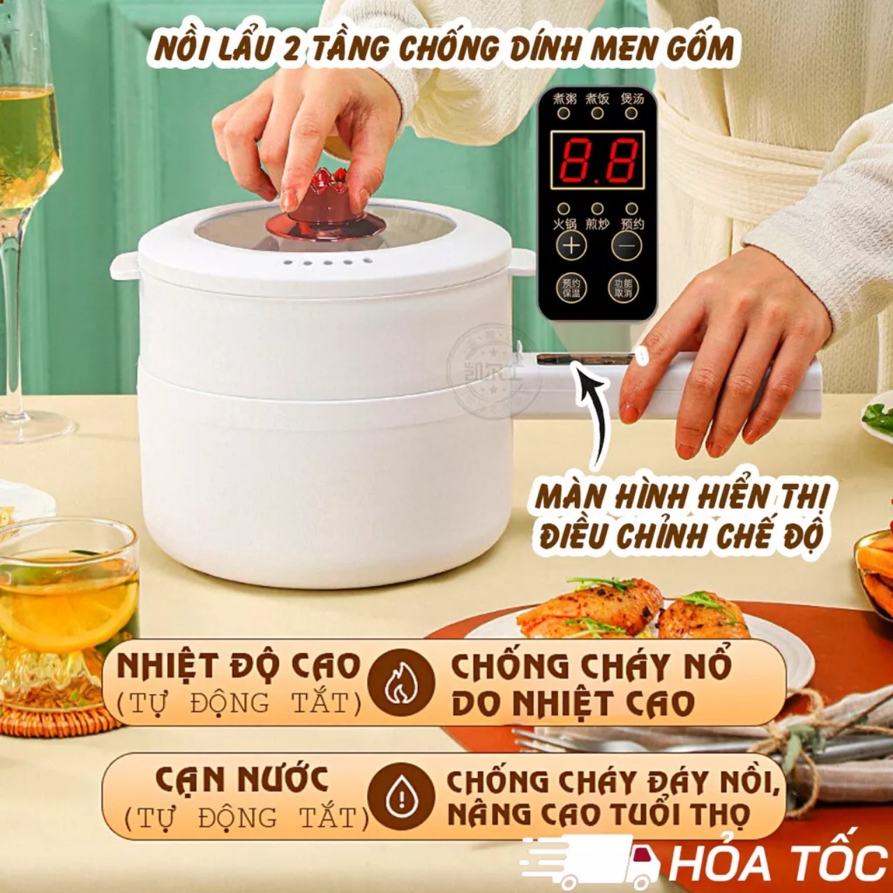 Nồi Lẩu Điện Đa Năng Chống Dính, Nồi Lẩu Mini 2 Tầng, Có Màn Hình Hiển Thị Điều Chỉnh Nhiệt Độ hàng nhập khẩu