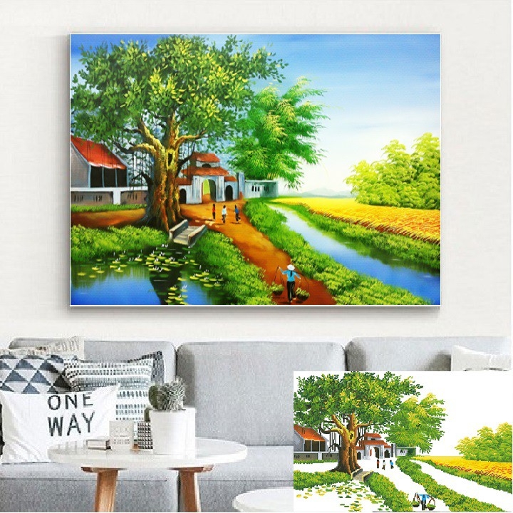 TRANH THÊU CHỮ THẬP 3D LÀNG QUÊ THANH BÌNH 85x57cm