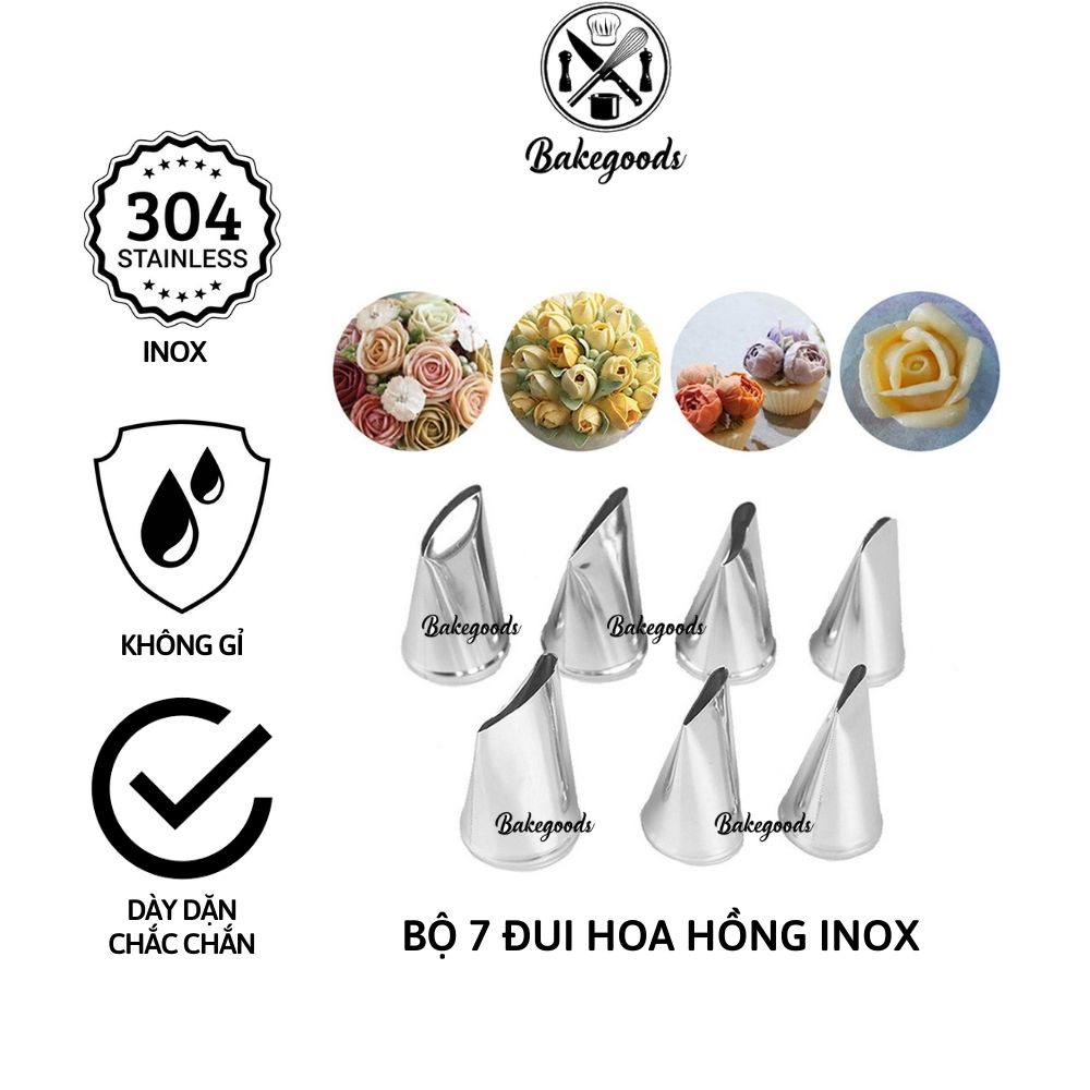 Bộ 7 đui bắt hoa hồng, đuôi bắt hoa trang trí bánh chất liệu inox không gỉ, dày dặn, cứng cáp