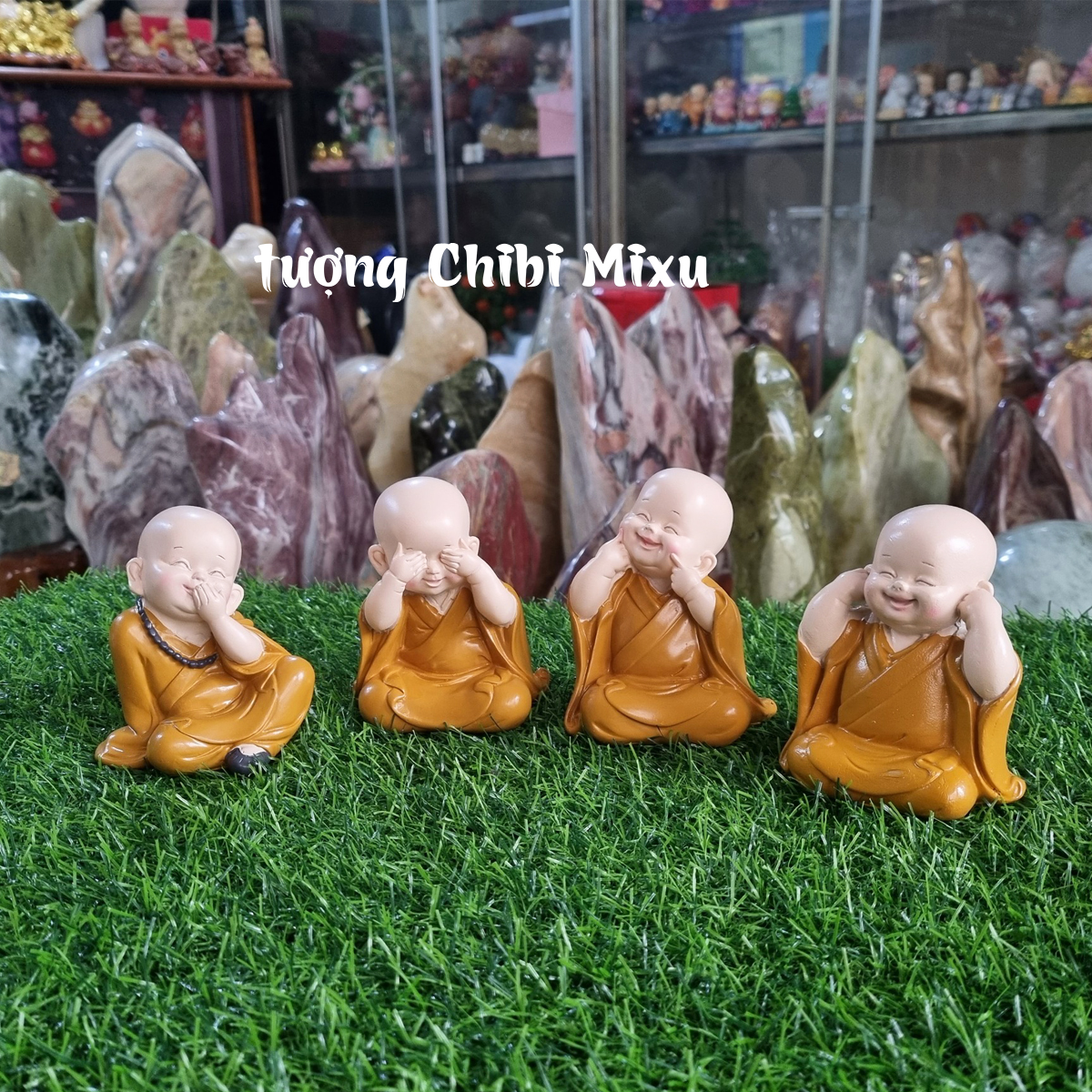 Bộ 04 tượng Tứ Không mẫu áo nâu size 10cm - tặng kèm 10 xu vàng mini may mắn