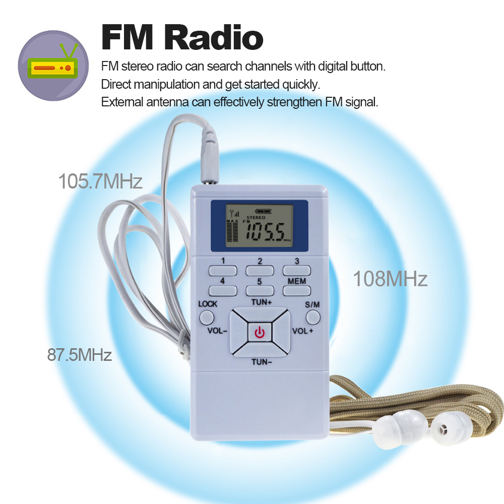 Bộ thu sóng âm thanh nổi Xử lý tín hiệu kỹ thuật số DSP Radio dành cho hội họp, màn hình LCD, lanyard - Màu trắng