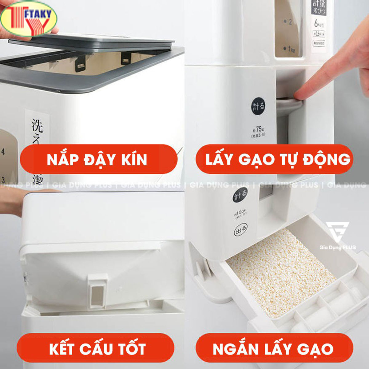 Thùng (Hủ) Đựng Gạo Thông Minh Nhật Bản 12kg, Thiết Kế Dạng Ấn Nút, Chất Liệu Nhựa ABS Cao Cấp, Tiện Lợi, Sang Trọng Căn Bếp,  Tặng Kèm Khay Đựng Gạo Và Thanh Chống Ẩm