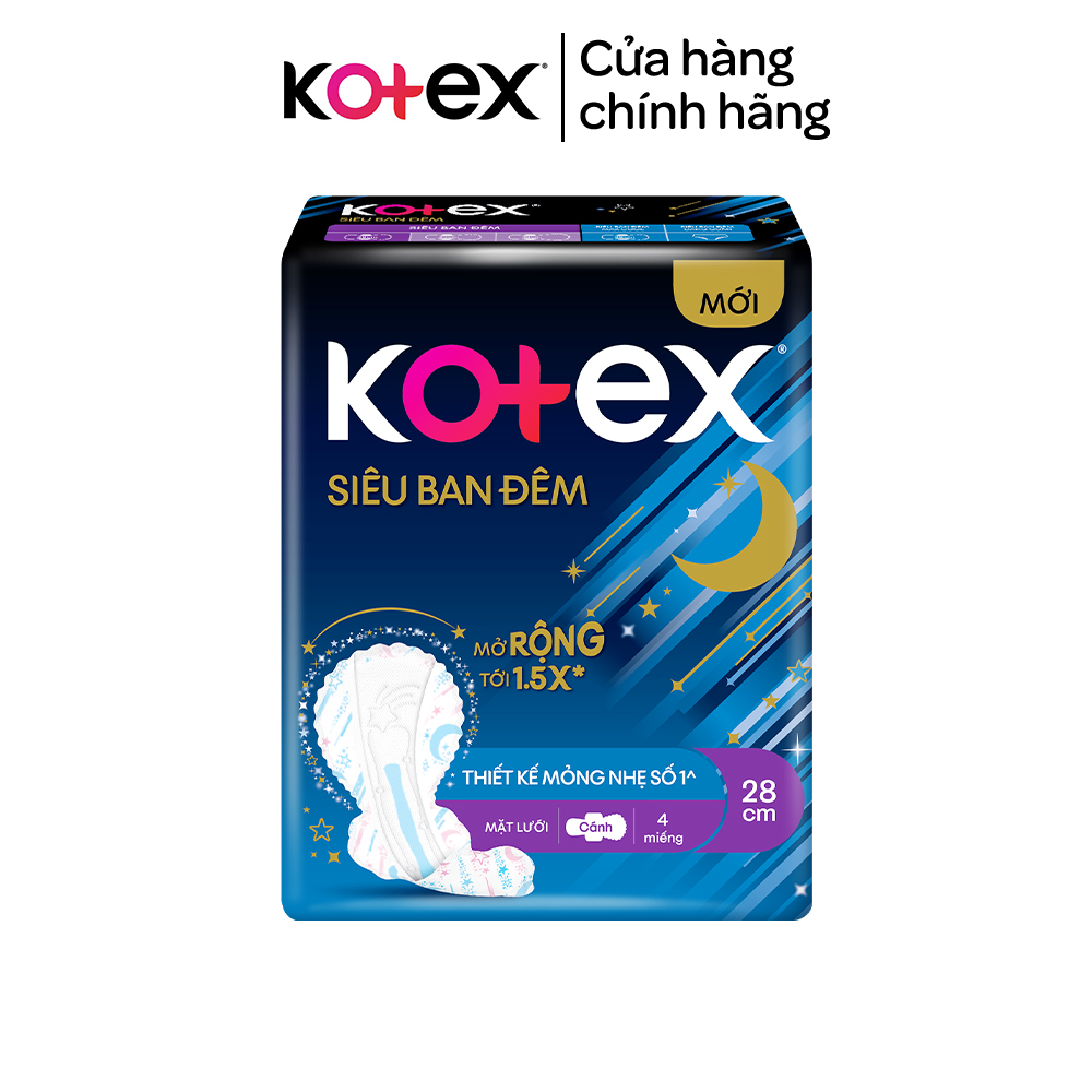 Băng vệ sinh Kotex ban đêm mặt lưới 4 miếng 28cm, siêu mỏng cánh.