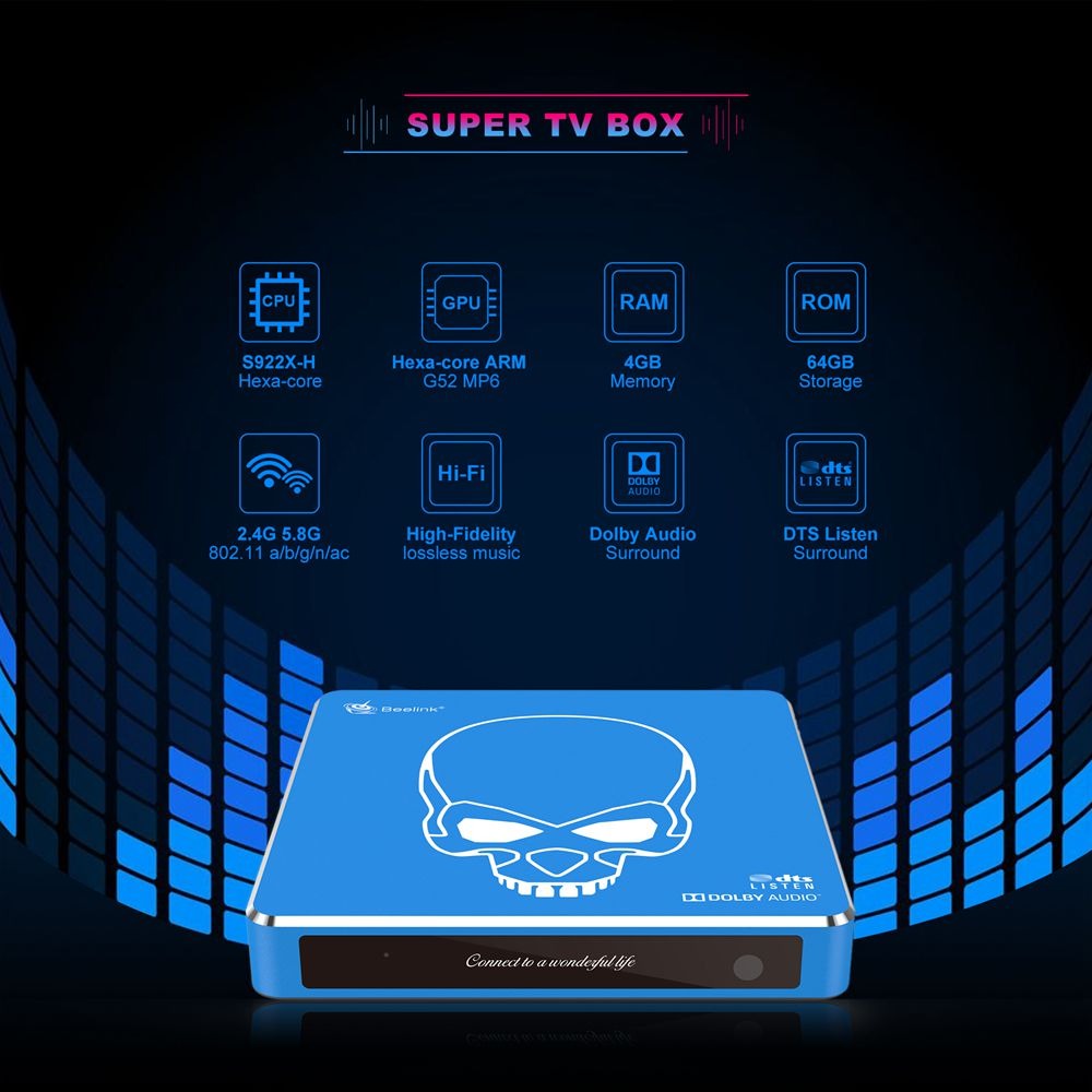 TV Box Beelink GT King Pro Ram 4GB, Rom 64GB, điều khiển giọng nói và cử chỉ android 9 Hi-Fi Lossless Sound 4K TV Box with Dolby Audio DTS Listen,Amlogic S922X-H 4GB RAM 64GB ROM Android 9.0,Support 4K 60fps Resolution/BT 4.1/Dual-Band WiFi 2.4G+5.8G - Hà