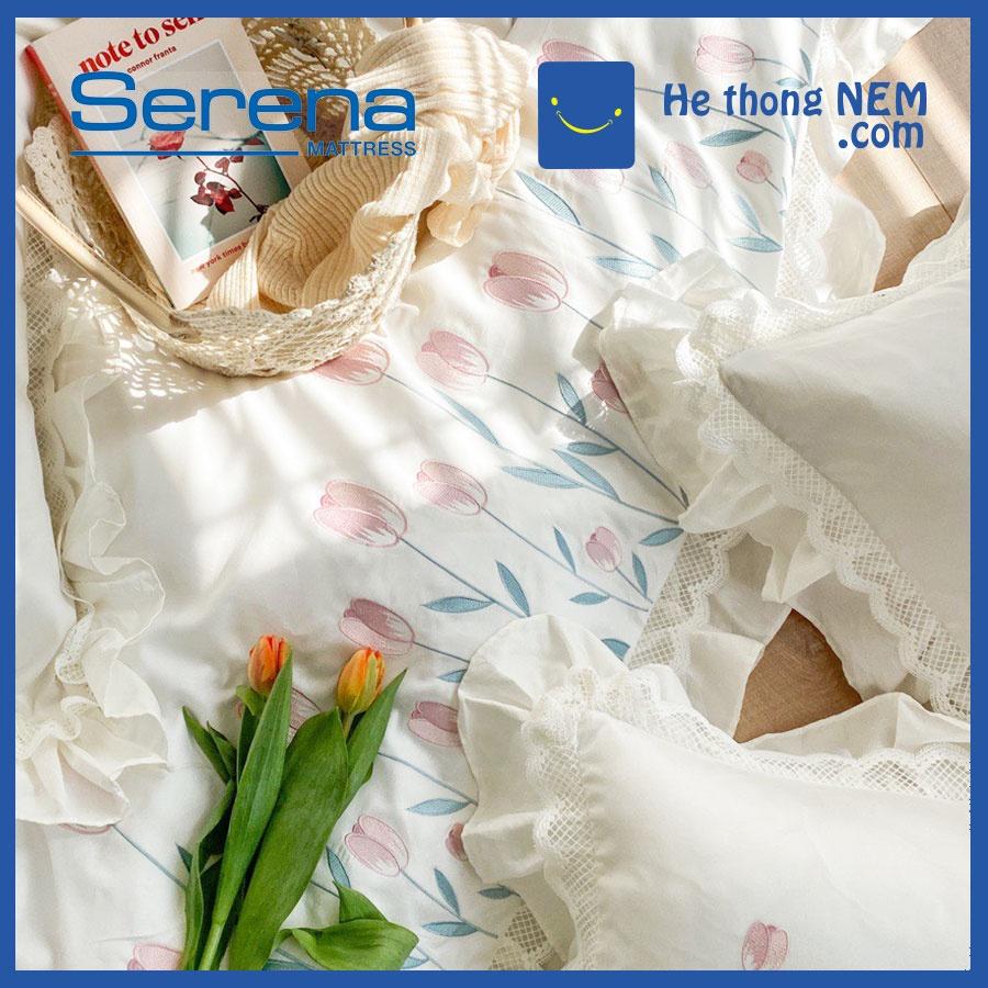 Bộ Chăn Ga Gối 5 Món Lụa Satin SERENA Chăn Ga Gối Đệm Drap Trải Giường - Hệ Thống Nệm