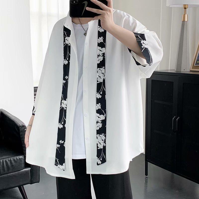 Áo sơ mi tay lỡ có cà vạt họa tiết hoa văn cho nam