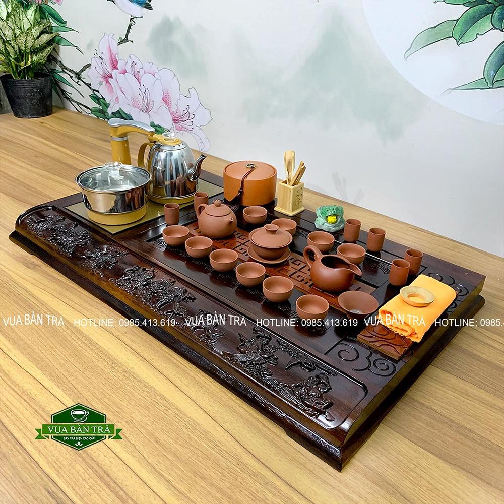 Bộ Bàn Trà Điện Thông Minh Phù Điêu Bát Tiên Thưởng Trà Chất Liệu Gỗ Mun