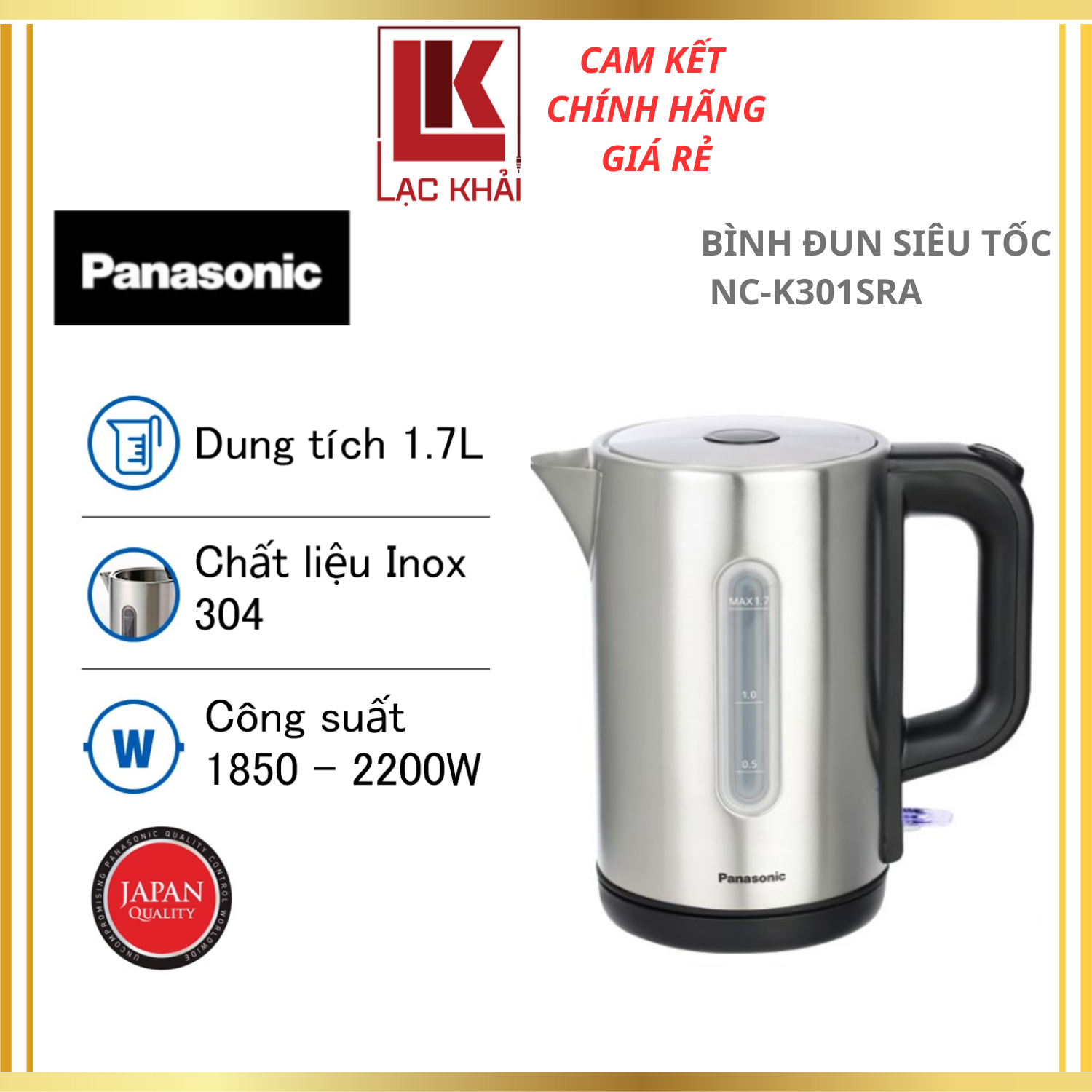 Bình đun siêu tốc Panasonic NC-K301SRA - 1.7L - Thép không gỉ siêu bền - Công suất mạnh lên đến 2200W - Hàng chính hãng - Bảo hành 12 tháng