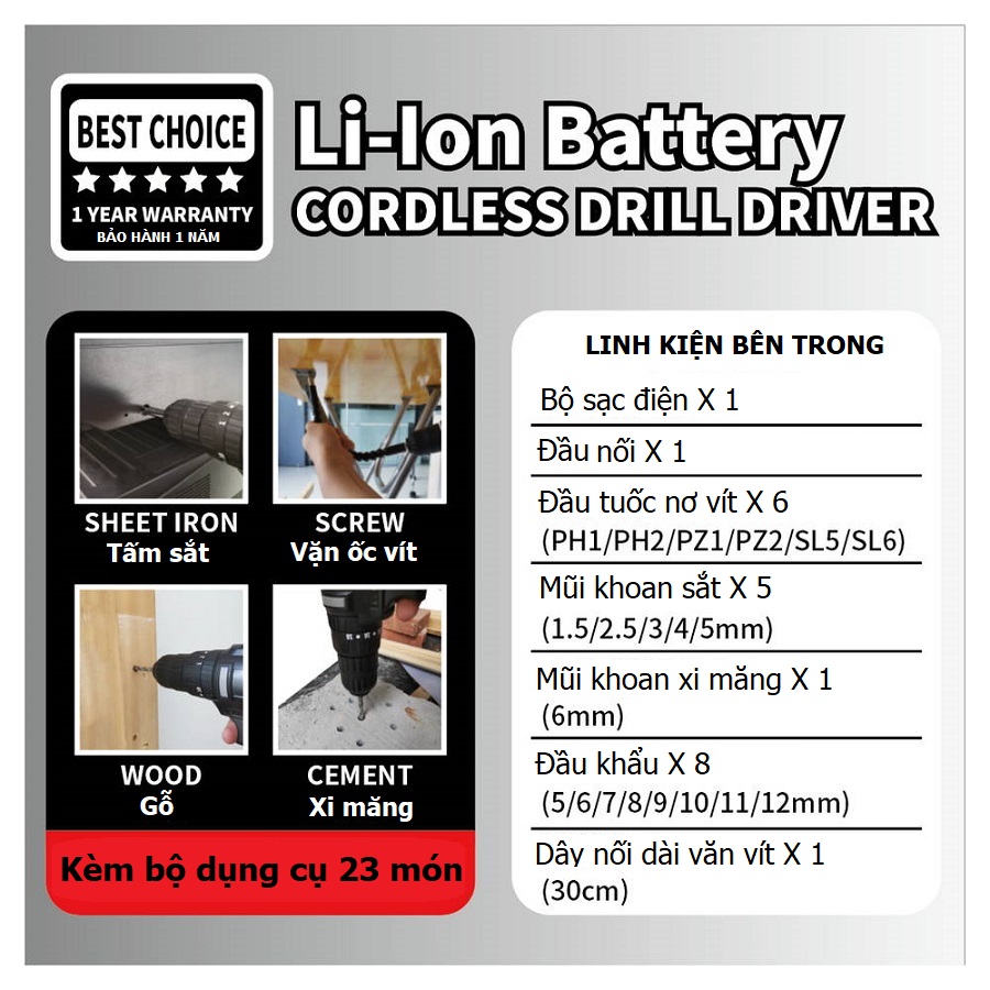 Bộ khoan điện cầm tay chất lượng cao Treny 21V chính hãng – kèm bộ dụng cụ 23 món và bộ sạc - lực xoắn 35N.m - chuyên khoan tường, khoan gỗ, khoan sắt và khoan bê tông.