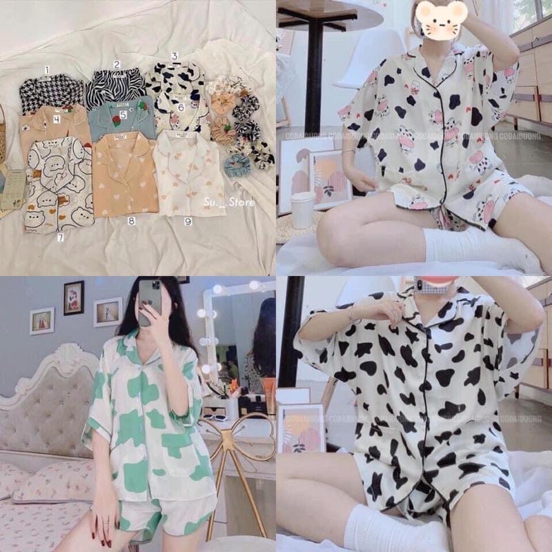 Bộ ngủ Pyjama cộc tay nữ&lt;FREE SIZE&gt;kèm dây buộc tóc ,Bộ Pyjama cộc tay hình cao cấp,bộ ngủ nữ(kèm video ảnh thật)