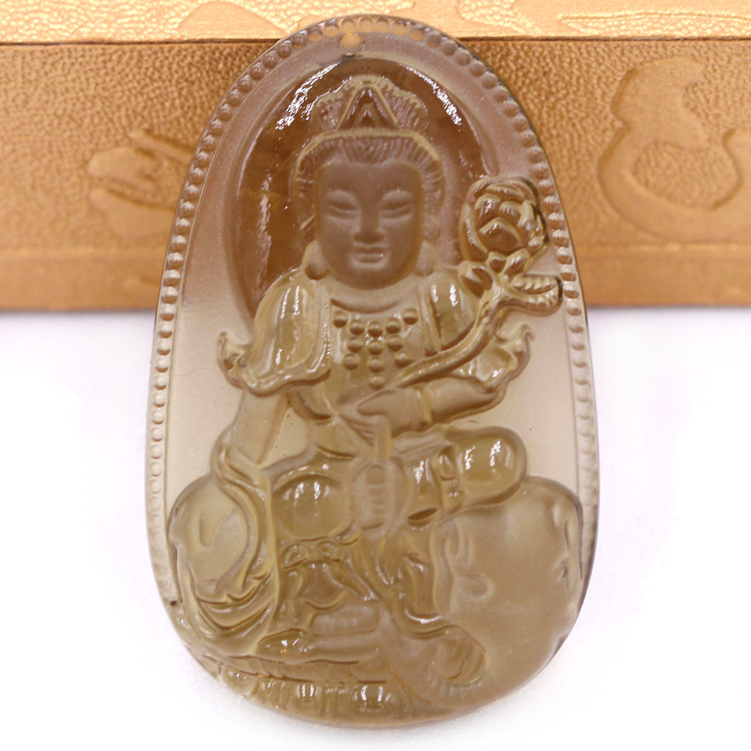 Mặt Phật Phổ hiền đá obsidian  1.9cm x 3cm  kèm vòng cổ hạt chuỗi đá đen + móc inox vàng, Phật bản mệnh, mặt dây chuyền