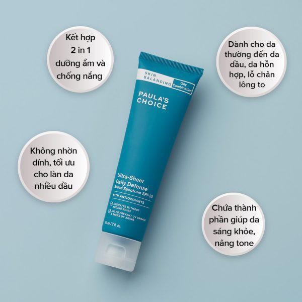 Kem Chống Nắng Hóa Học Cho Da Dầu Mụn Paula's Choice Skin Balancing Ultra - Sheer Daily Defence SPF 30 60ml (Mã 1560)