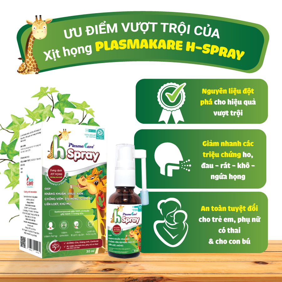 Dung dịch xịt họng PlasmaKare H - Spray 30ml, cho trẻ từ 06 tháng, an toàn cho phụ nữ có thai không kháng sinh