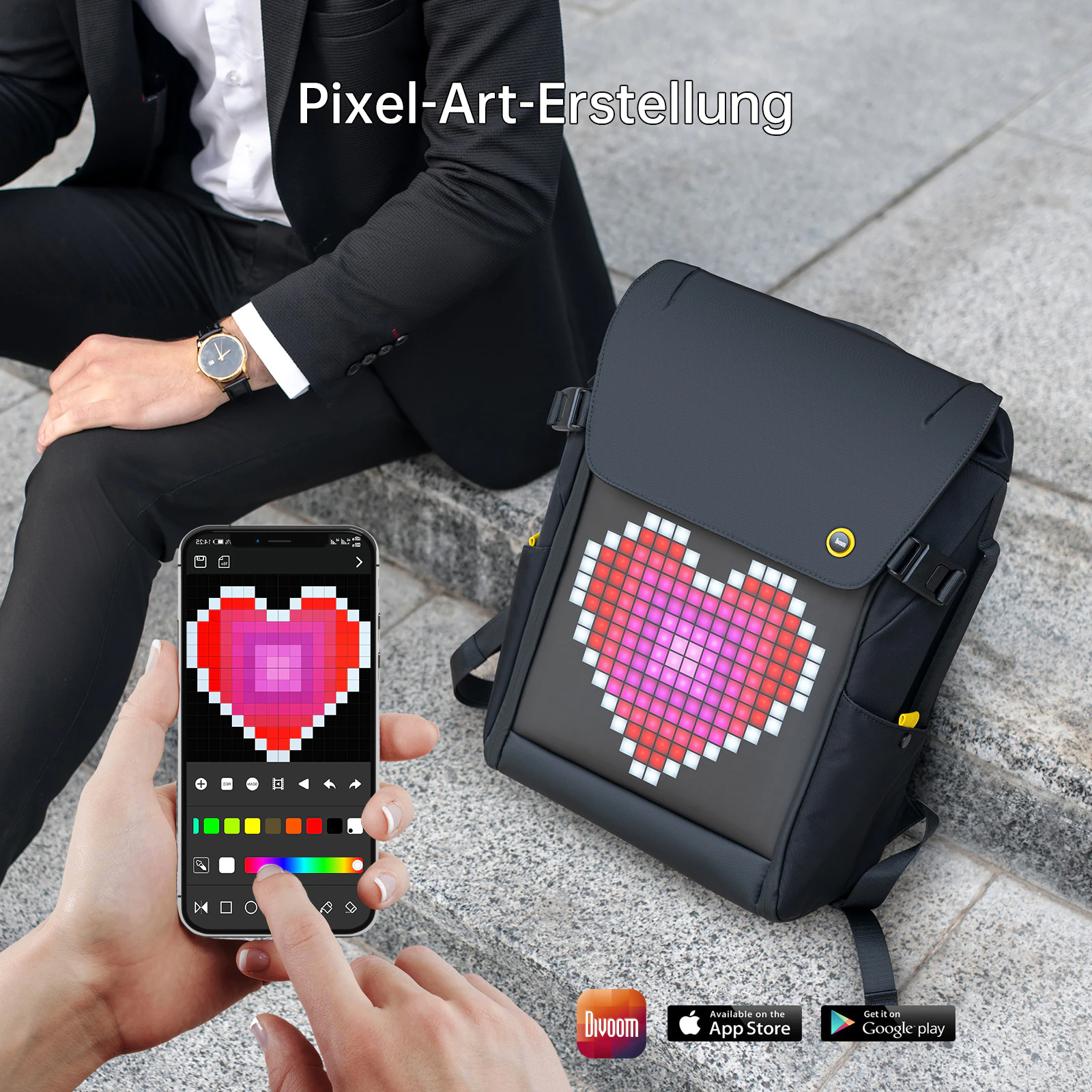 Balo đèn Led, Divoom Pixoo Backpack M, Ba lô Laptop 15inch, màn hình led, chống thấm