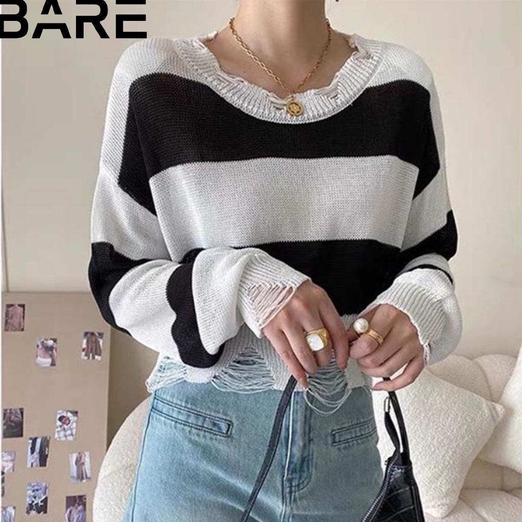 Áo Len Croptop Tay Dài Quảng Châu Kiểu Kẻ Ngang Cổ Tròn Form Rộng Bare tặng kèm áo trong- AO051