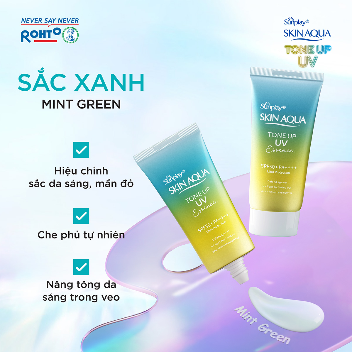 Kem chống nắng nâng tông Skin Aqua Tone up Mint Green cho da trắng có khuyết điểm đỏ, dạng tinh chất Sunplay Skin Aqua Tone Up UV Essence Mint Green SPF 50+ PA++++ 50g