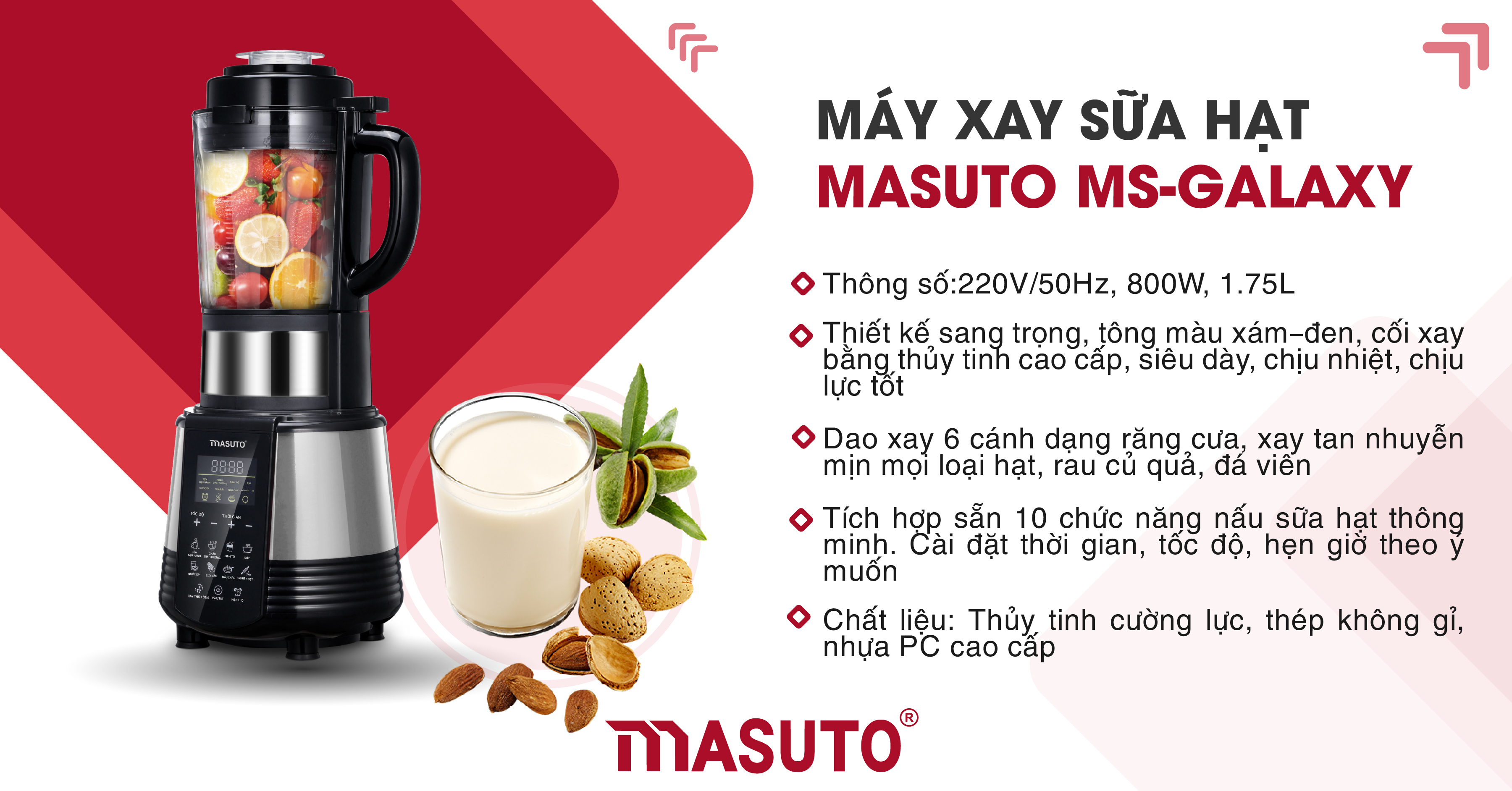 Máy làm sữa hạt Masuto 1,75L chuyên xay và làm các món sữa hạt, eatclean, ăn chay-HÀNG CHÍNH HÃNG