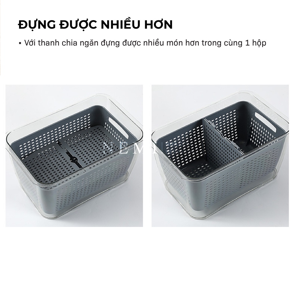 Hộp Bảo Quản Thực Phẩm NEMI Trong Suốt Có Nắp Đậy Kín Khí Tích Hợp Khay Ráo Nước Và Khay Chia Ngăn