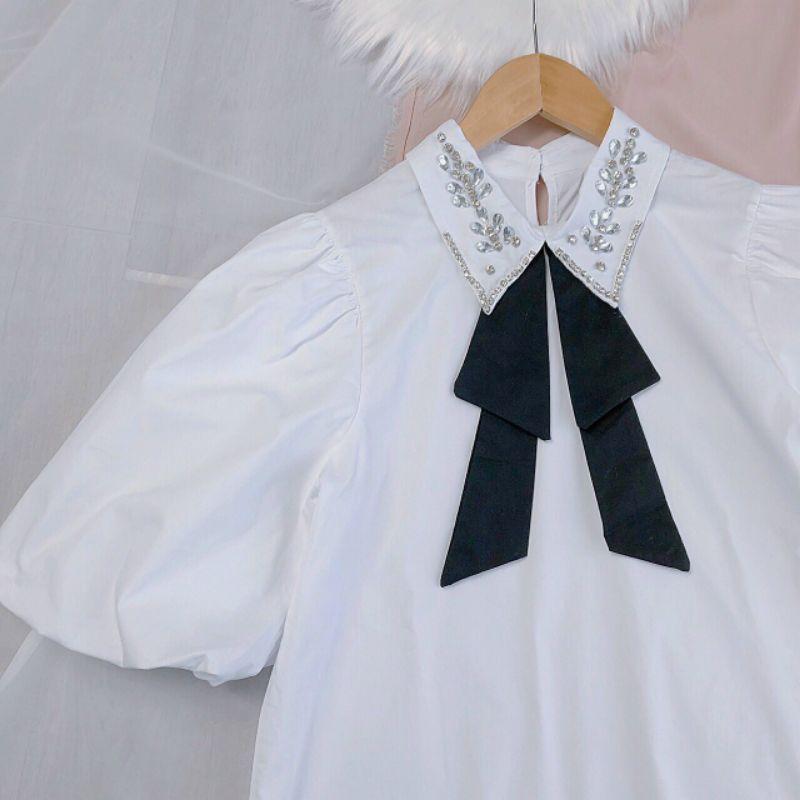 Áo sơ mi trắng trơn đính kết cổ nơ