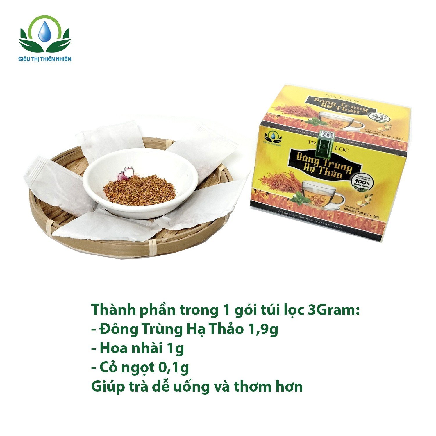 Trà Đông Trùng Hạ Thảo hộp 30 Túi Lọc x 3Gram giúp tăng cường miễn dịch, bổ thận của Siêu Thị Thiên Nhiên