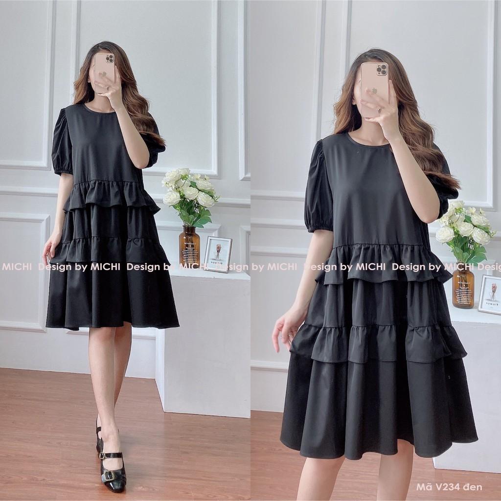 Váy suông bèo tầng dáng babydoll, đầm xuông rộng freesize, tay phồng 3 màu vàng, hồng, đen mã V234 - Michi's House