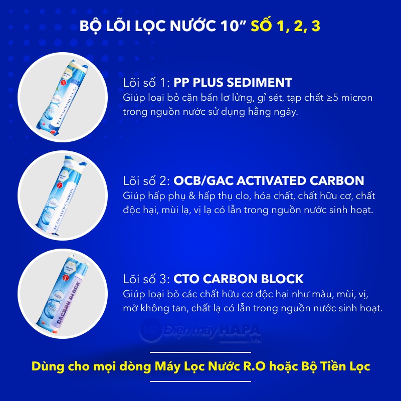 Lõi Lọc 10 inch Số 1-2-3 Cao Cấp PP Plus Sediment OCB GAC UDF CTO Carbon Block RESIN CATION - Bộ Lõi Lọc Nước 123 10in - Hàng Chất Lượng - Dùng Cho Tất Cả Dòng Máy RO: Karofi Sunhouse Kangaroo Daikiosan Mutosi Prowatech AquaYaki Aqualife Vithaco