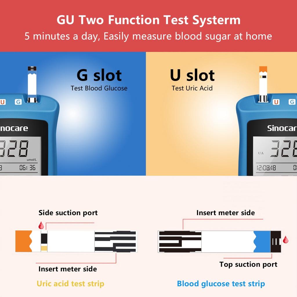 Máy Đo Đường Huyết Và Axit Uric Sinocare Safe AQ UG 2 Trong 1 Kèm 50 Que Đường, 50 Que Gout Chính Hãng