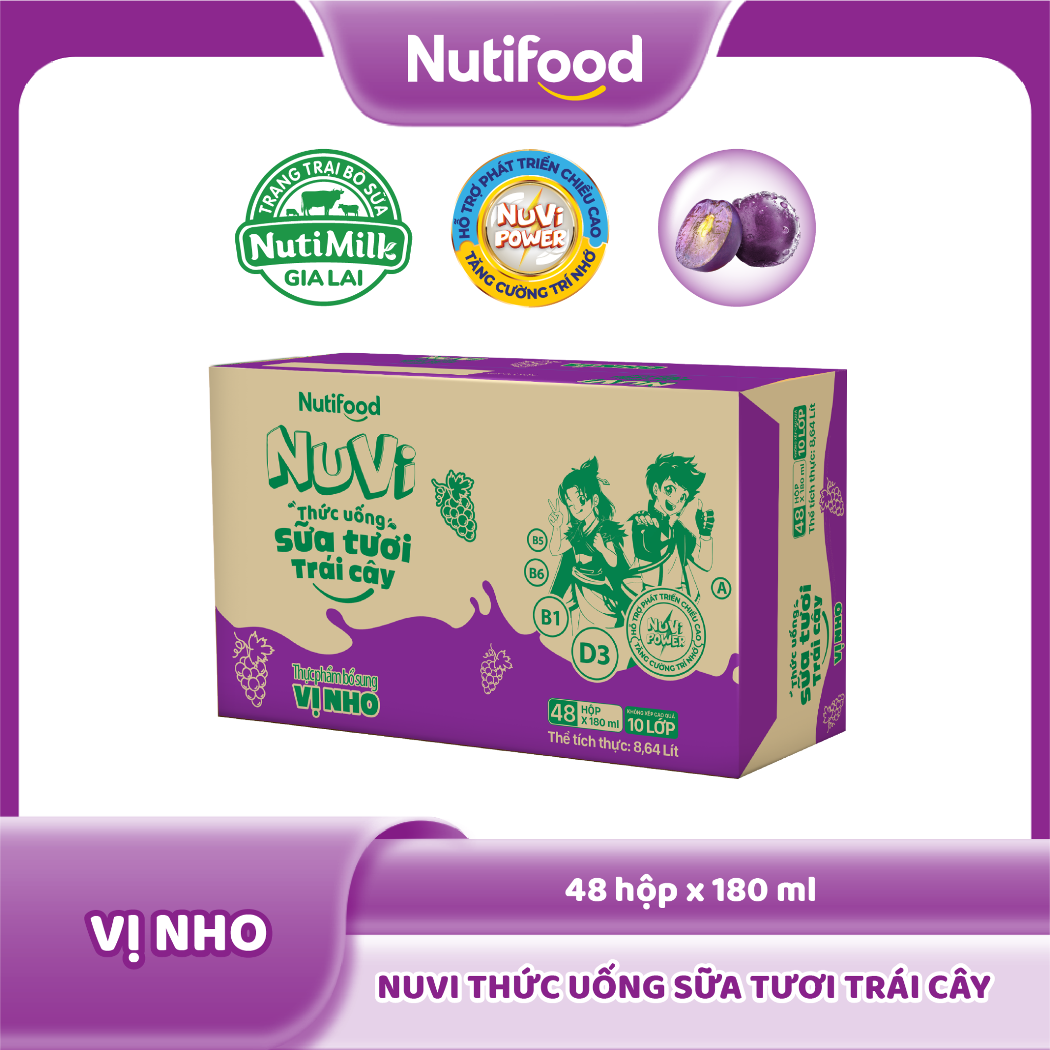 Thùng 48 hộp Thức Uống Sữa Tươi Trái Cây Tươi Nuvi Vị Nho 180ml - Tăng Cường Chiều Cao, Phát Triển Trí Não