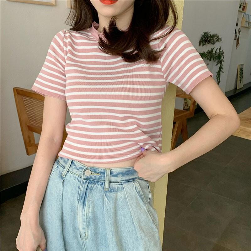 Áo thun nữ ngắn tay cổ tròn kẻ sọc ngang thời trang Hàn Quốc