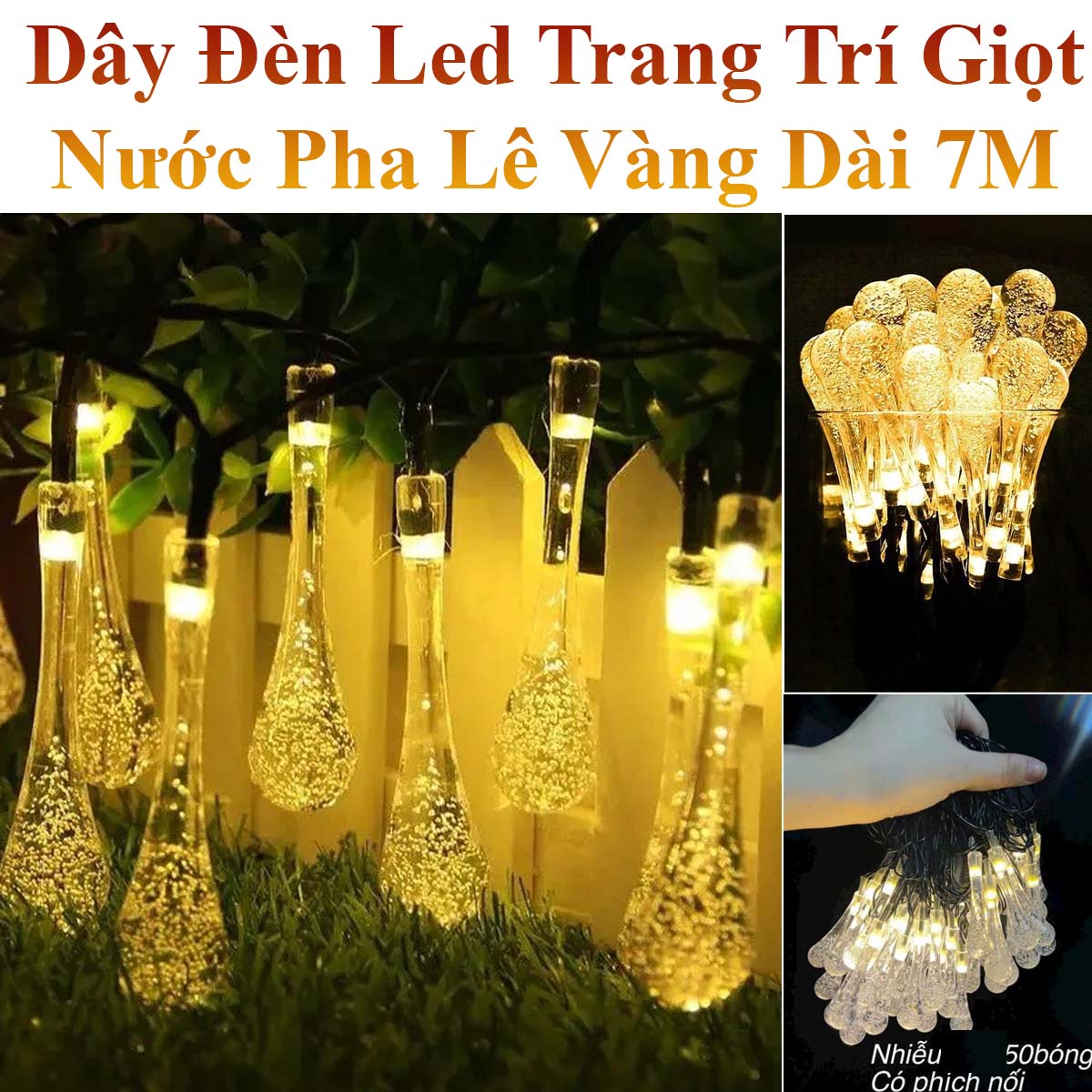 Dây Đèn Led Trang Trí Giọt Nước Pha Lê Vàng Nắng Cắm Điện Dài 7M Cực Đẹp