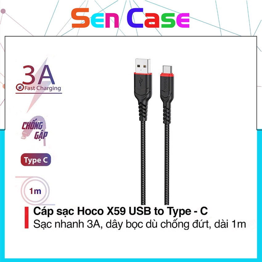 Cáp Sạc Nhanh 3A HoCo X59 Chân Type-C, Lõi Đồng Cao Cấp, Hỗ Trợ Truyền Dữ Liệu Cho Android, Dây Dù Siêu Bền Dài 1M - Hàng Chính Hãng