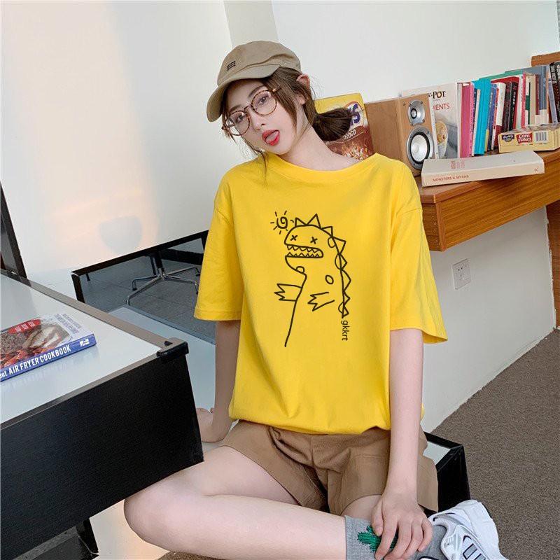 Áo phông nam nữ unisex tay lỡ thun form rộng teen cổ tròn oversize cotton giá rẻ basic đen trắng tee pull freesize KHỦNG LONG DỄ THƯƠNG