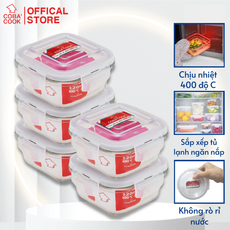 Bộ 5 hộp thủy tinh hộp đựng cơm trữ thức ăn thực phẩm trong tủ lạnh chịu nhiệt COBA'COOK hình vuông 320ml- CCS35