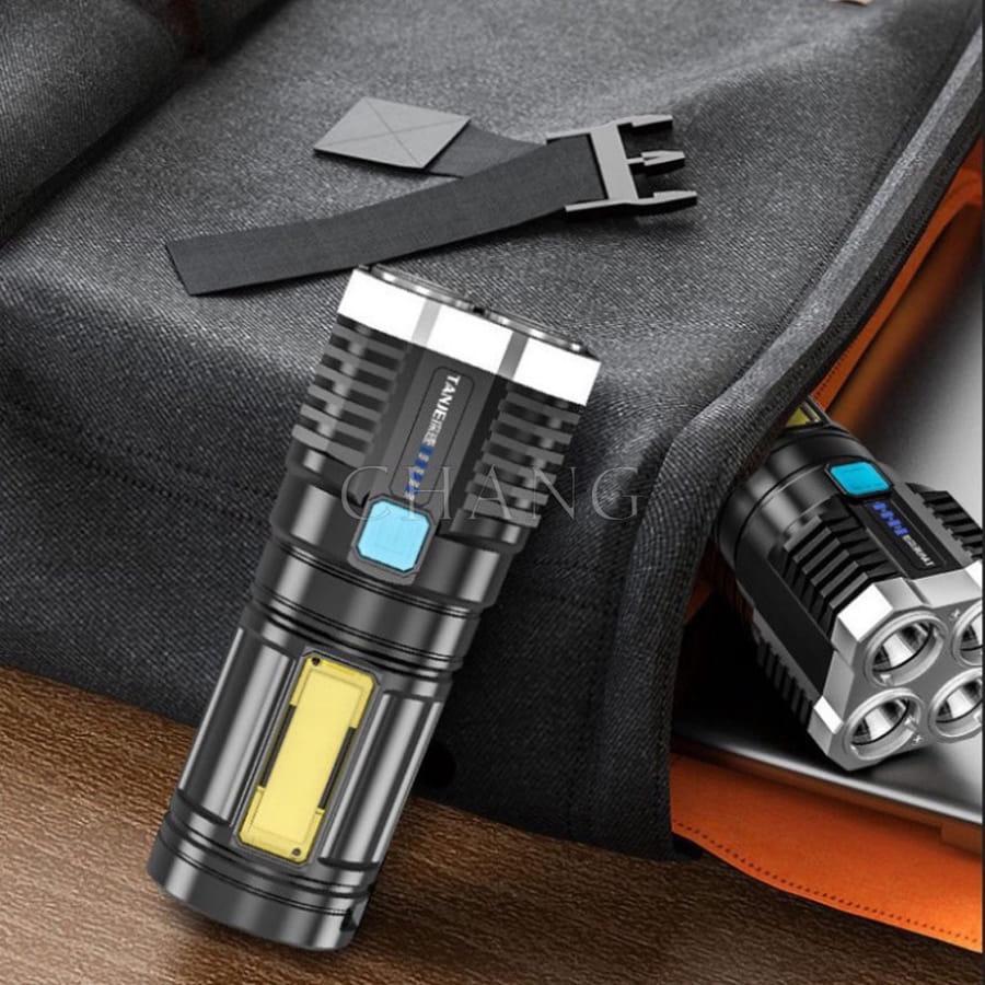 Đèn Pin Cầm Tay Chiếu Xa Siêu Sáng 4 Bóng 4 Chế Độ, Sạc USB Tiện Dụng Mang Theo Du Lịch