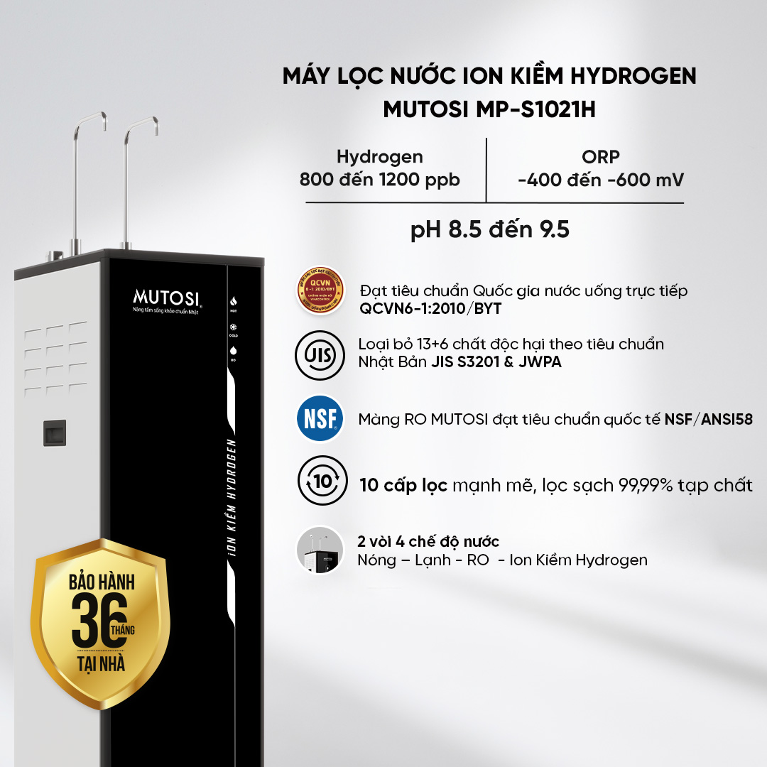 [Miễn phí vận chuyển &amp; lắp đặt] Máy lọc nước Nóng - Lạnh - RO - Ion Kiềm Hydrogen. Hàng chính hãng Mutosi MP-S1021H - 10 cấp lọc, 2 vòi 4 chế độ nước