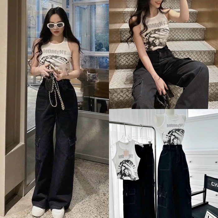 SET QUẦN JEANS ỐNG RỘNG LƯNG CAO DÀI SUÔNG TÚI HỘP TRƠN ĐEN + ÁO CROPTOP 3 LỖ ÔM BODY ĐI TIỆC DẠO PHỐ ĐI CHƠI ĐI BIỂN