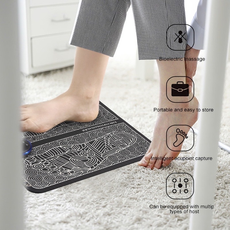 Tấm thảm massage chân xung điện EMS cáp sạc USB ,có đèn Led hiển thị với các chế độ khác nhau giúp thư giãn thoải mái cho bàn chân và chân giúp lưu thông máu và giảm cứng cơ phù hợp với người lao động , lớn tuổi , tập thể thao , nhỏ gọn dễ mang theo 