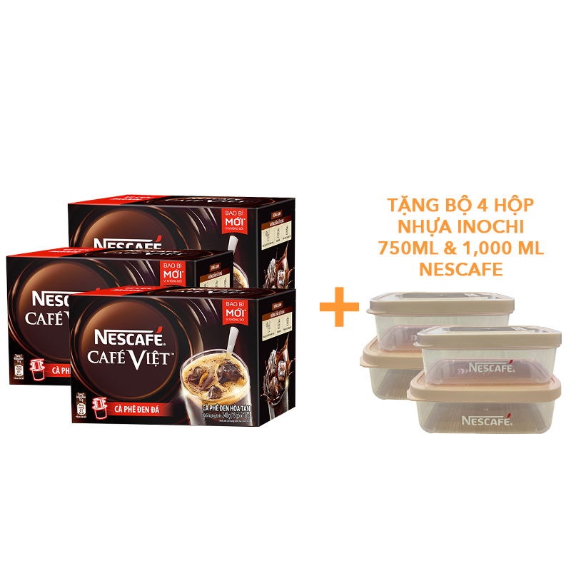 Cà phê hòa tan NESCAFÉ Café Việt - CÀ PHÊ ĐEN ĐÁ - COMBO 3 hộp x 15 gói x 16g - [TẶNG 4 HỘP NHỰA INOCHI 750ml &amp; 1000ml]