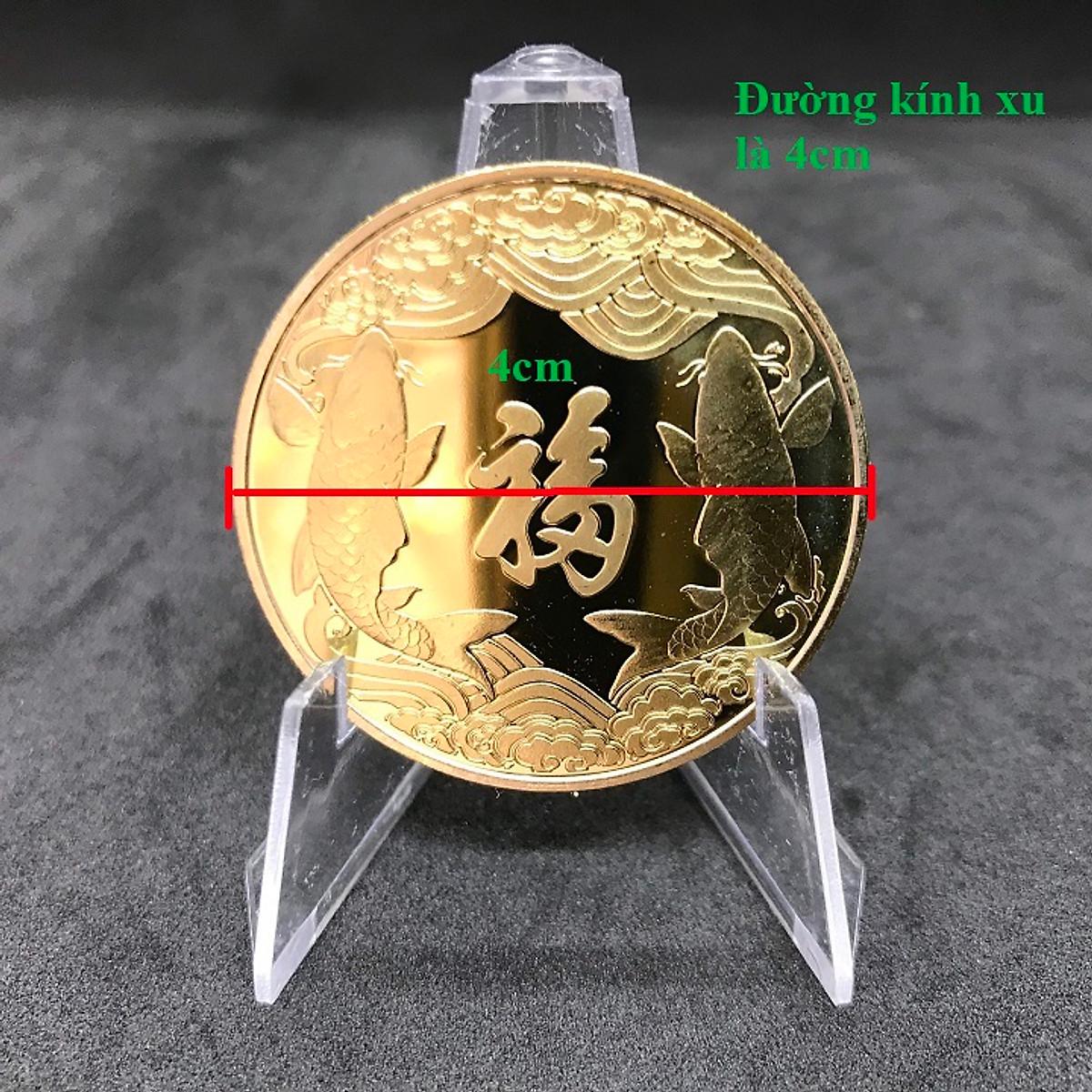 Combo 10 xu Thần Tài màu vàng Cá Chép tặng kèm túi gấm , dùng để làm quà tặng, biếu - ECOINS